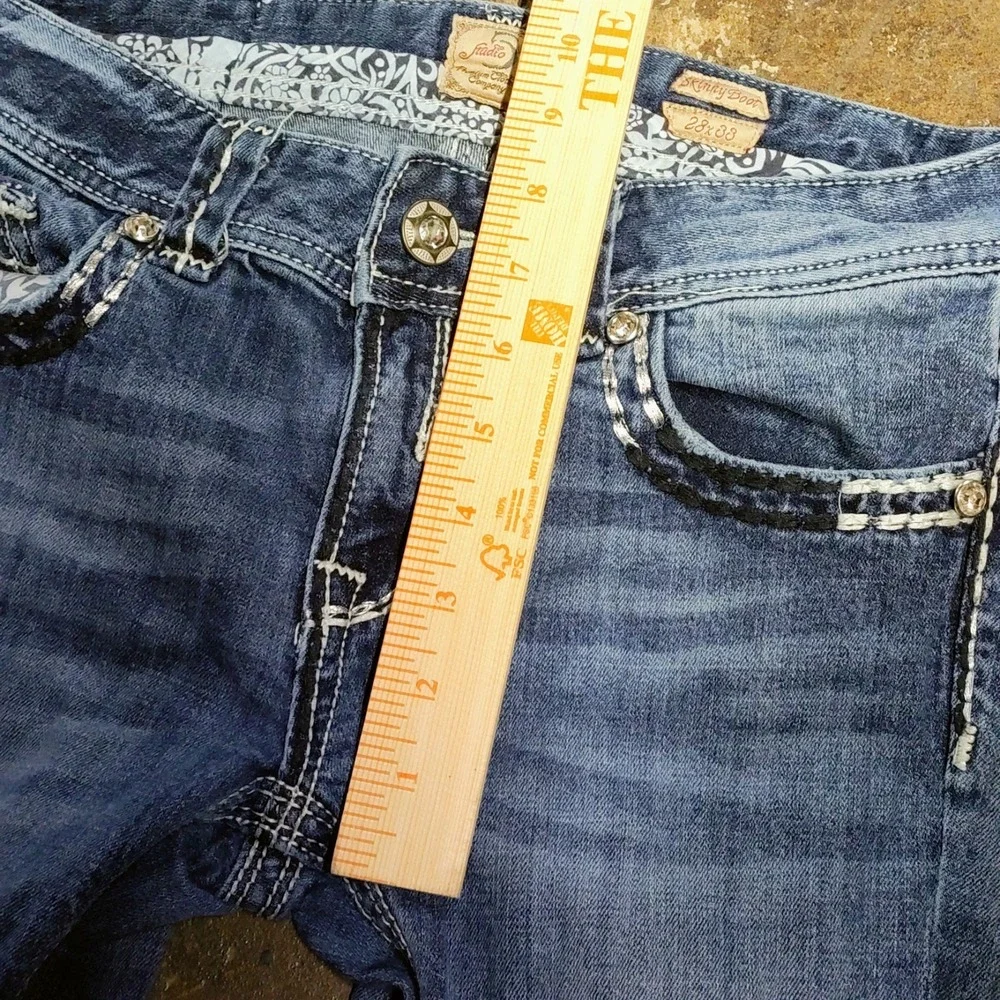 Y2K Studio 5 Low Rise Boot Cut Jeans 28 Womens Skinny Flare McBling Flap 2000s